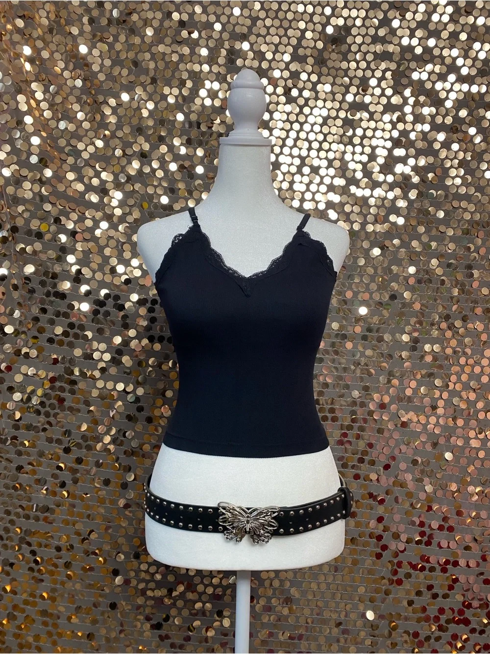 Black studded belt with silver butterfly buckle #485